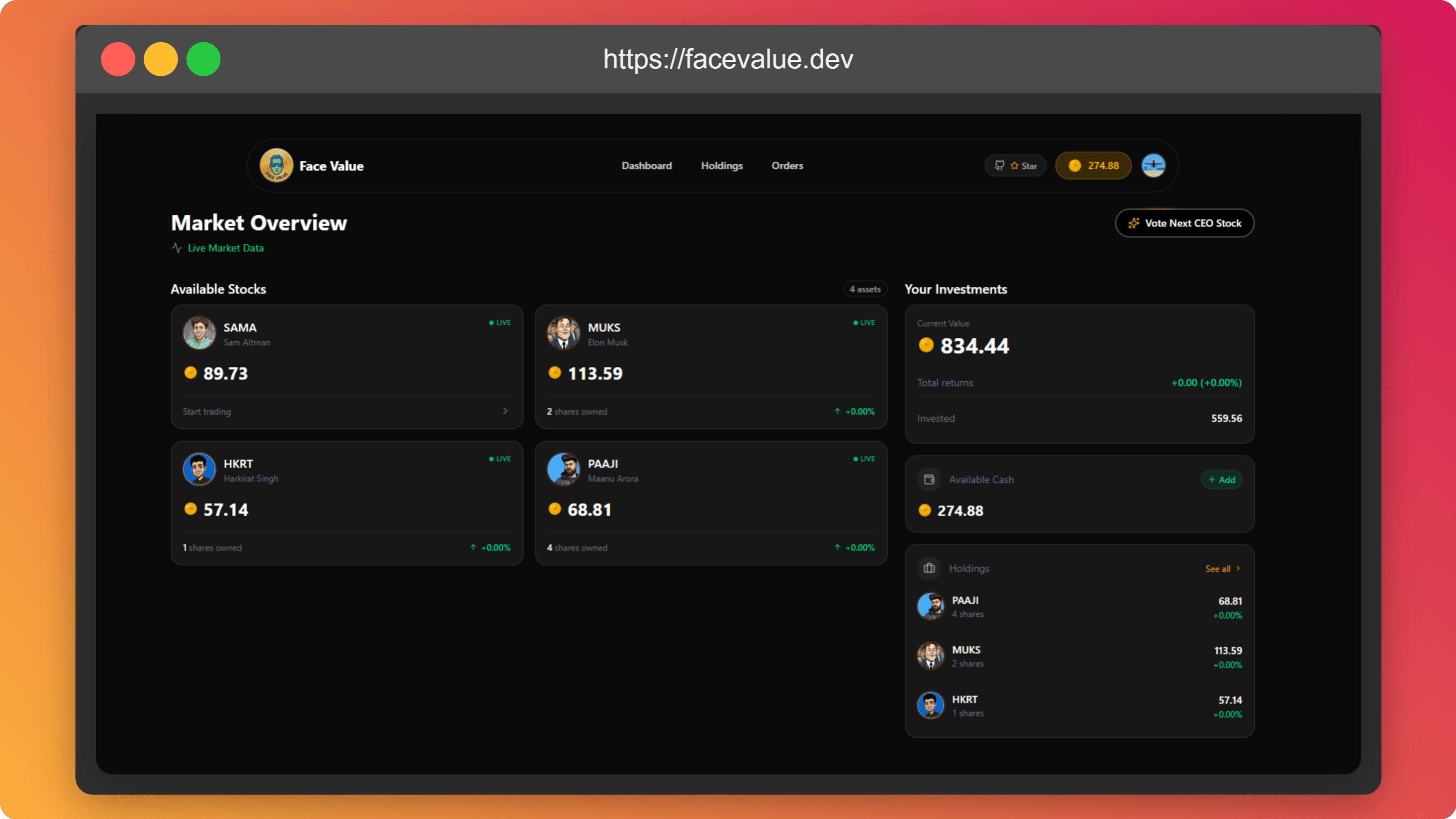 Face Value Dashboard Preview